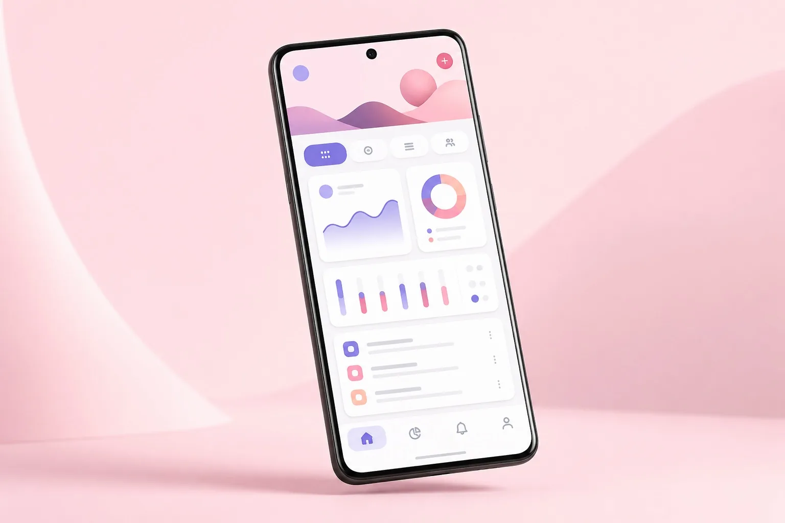 Ein Android-Handy vor weichem rosa Hintergrund mit einer sauberen Material-3-Oberfläche, die von MeDo erzeugt wurde