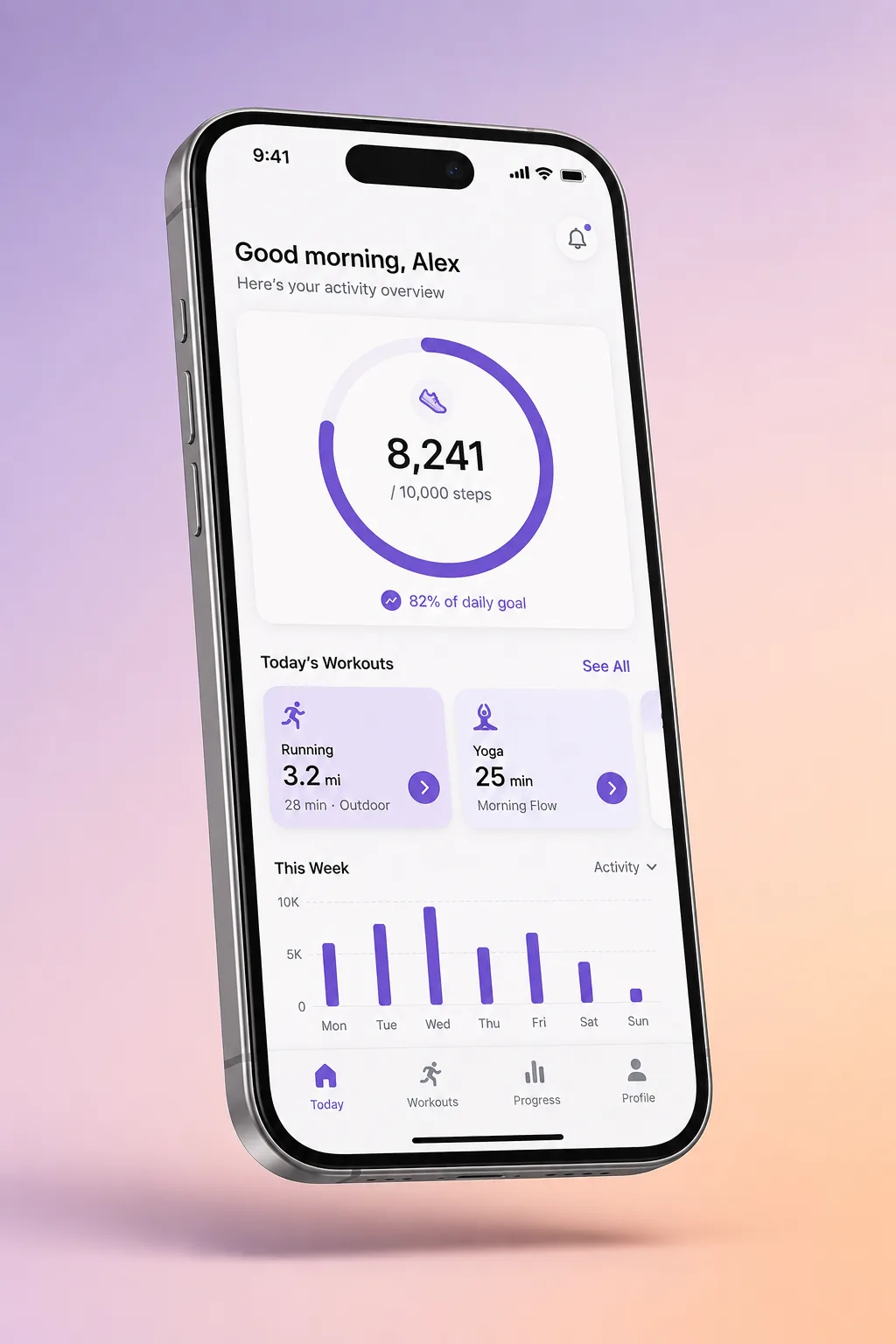 Ein iPhone vor lavendelfarbenem Hintergrund mit einer klaren SwiftUI-App-Oberfläche, die von MeDo erzeugt wurde