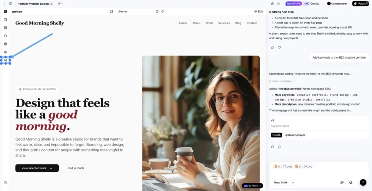 The SEO Agent panel open beside a live website preview inside a MeDo project