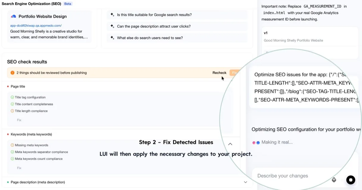 SEO check results listing page title and meta keyword issues, with the generated fix query being applied by LUI